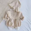 Rompers Spring Baby Girl RomperHat Bodysuit Outfits Long Sleeve 2Pcs Outfits Cotton Linen Lace Ruffles Girls Kids Clothing 0-24M 231005