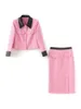 Tvådelad klänning Zjyt Autumn Winter Elegant Set for Women Fashion Tweed Woolen Jacket kjoldräkt Office Lady Outfit Pink 231005