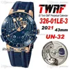 TWAF Executive El Toro UN-32 Automatik-Herrenuhr GMT Ewiger Kalender Roségold Blaues strukturiertes Zifferblatt Kautschukarmband 326-01LE-3 Supe3077