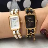 Nieuwe collectie gouden horloge vrouwen jurk luxe roestvrijstalen ketting met lederen mode dame armband quartz horloges223m