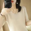 Women's Sweaters Spring Summer Women Sweaters Short Sleeves Vneck Bottoming Shirt Knitwear Camel Green Pink Pullovers Korean Jumpers 231005