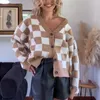 Malhas femininas malhas francesas malha xadrez cardigan manga longa com nervuras com decote em v suéteres de peito único casaco na moda vintage feminino streetwear