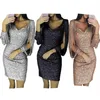 Robes décontractées femmes genou longueur robe de soirée or gland femme moulante à manches longues soie brillante brillant vestidos1204p