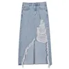 Kjolar kvinnor denim hög midja split rippade ihåliga ut asymmetriska cowboy skort streetwear mode lång a-line kjol sommar