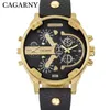 Luxury Cagarny Quartz Watch Men Black Leather Strap Golden Case Dual Times Military dz Relogio Masculino Casual Mens Watches Man X285e