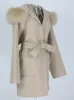 Womens Wool Blends OFTBUY Oversize Loose Cashmere Real Fur Coat Winter Jacket Women Natural Collar Hood Outerwear Belt 230928