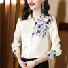 Rétro Floral Élégant Bleu Chemise De Luxe En Satin De Soie Femmes Designer Blouses À Manches Longues 2023 Automne Hiver Chic Revers Classique Boutonné Chemises Bureau Dames Piste Hauts