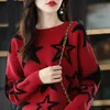 Suéteres femininos marca de luxo outono inverno harajuku mulheres vermelho preto estrela impressão de malha pullovers feminino grosso gola alta jumper 220929