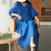 Casual Dresses Women Midi Dress Patchwork V Neck Lace Solid Color Bubble Sleeve Loose Dess Pleated Half Big Hem Lady