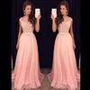 2020 Ny billig rosa en linje prom klänningar illusion spetsar applikationer chiffong sashes golvlängd anpassad aftonklänning party pageant for272l