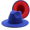 Fashion Royal blue red Patchwork Felt Hat Women Men Wide Brim Imitation Wool Jazz Fedora Hat Panama Trilby Cap Trend Gambler1210Q