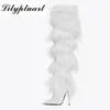 Klänningskor Feather Boots Autumn and Winter Fashion Cross Tie Knee High Heel Party Shoes Sexy Ostrich Feather Catwalk Boots 230928