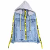 Women's Jackets Spring Autumn Korean Version Of The Tide Section Stitching Zipper Hit Color Letter Woven Band Loose Hooded Couple Denim