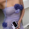 Vestidos casuais sexy strapless malha ruched bodycon mini vestido mulheres flores guarnição kawaii sundress 2023 verão noite baile y2k roupas