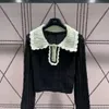 Designer Lapel Rhinestone broderade bokstäver Fake Double Cardigan Solid Color Mönster flätad blommig fast färg Ulltröja för kvinnor