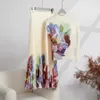 Robe à deux pièces plissée 2 pièces Fashion Printing High Elastic Slim Fit à manches longues hautes taille élastique Robe midi A-Line Automne 2024