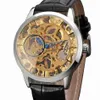 Guarda attraverso cassa tono argento Movimento dorato Scheletro cavo Steampunk Orologio da polso meccanico a carica manuale da uomo Cinturino in pelle nera Wr184V