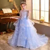 Adorável vestido de esfera azul, menina princesa, apliques de renda alta do pescoço de pescoço infantil para crianças vestidos de concurso para crianças pequenas crianças vestido de aniversário 403