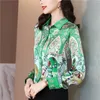 Luxe Mode Grafisch Groen Shirt Lange Mouw Dames Designer Zijde Satijn Button Up Shirts 2023 Herfst Winter Mode Revers Fijne Elegante Blouses Grote Maten Runway Tops