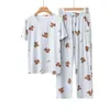 Pijamas femininos japonês kawaii cartoon urso completo impresso conjuntos de pijama o-pescoço manga curta calças homewearsuit solto simples verão