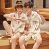 Frauen Schlaf Lounge Anime Katze Erwachsene Pyjama Sets Frauen Männer Hause Kleidung Paar Pijama Anzug Koreanische Lose Pyjama V-ausschnitt seide NachtwäscheL231005