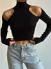 Women's Sweaters Weekeep Basic Black Turtleneck Sweater Pullovers Hollow Out Off Shoulder Skinny Casual Sweaters Streetwear Women Knitwear Jumper 231005