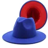 Fashion Royal blue red Patchwork Felt Hat Women Men Wide Brim Imitation Wool Jazz Fedora Hat Panama Trilby Cap Trend Gambler1210Q