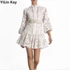 YiLin Kay Self-Portrait Runway Water Soluble Lace Dress Hollow-out embroidered bubble sleeves Party Dresses vestidos F12022950
