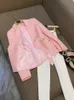 Ternos femininos blazers 2023 cor rosa botões de ouro lapela magro com blet para mulheres casual elegante senhora jaqueta topos 231005