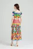 Summer Two Piece Dress Summer Holiday Beach Two Piece Set Women's Off Shoulder Flower Print Short Top High Waist Long Skirt Suits Runway Outfits 2024