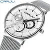 Mens Watches Crrju Top Brand Luxury Waterproof Ultra Thin Date Clock Male Steel Strap Casual Quartz Watch White Sport Wristwatch L245W