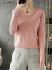 Damenpullover YSZWDBLX Pullover Frühling Herbst V-Ausschnitt Strickpullover Loose Bottoming Shirt Kaschmir Modepullover Solid Pink Sweater 231005