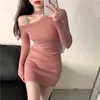 Casual Dresses Korean Fashion Knitted Dress Autumn Winter Sweater Women Sexy Halter One Shoulder Party Short Sweet Robe Femme276c