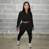 Kvinnors tvåbitar byxor Casual Sweatsuit Set Womens Outfits Lång ärmficka Pocket Zip Crop Top och Sweatpants Matching Tracksuit Streetwear