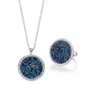 Necklace Earrings Set Blue Crystals Rhinestones Round Pendant Maxi Ring Silver Color Finger Accessories For Women Friends Party