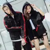 Women's Jackets Spring Autumn Korean Version Of The Tide Section Stitching Zipper Hit Color Letter Woven Band Loose Hooded Couple Denim