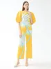 Vrouwen Tweedelige Broek Miyake Geplooide Palmboom Gedrukt Bubble Mouw Top Broek Sets Vrouwen 2023 Koreaanse Designer Kleding