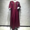 Повседневные платья Платье макси с длинным рукавом Jalabiya для женщин Осень 2021 Дубай Абая Мода Алмазная лента с V-образным вырезом Мусульманский арабский халат303h