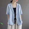 Frauen Anzüge Koreanische Baumwolle Und Leinen Sommer Dünne Halbe Hülse Strickjacke Top Frau Büro Anzug Blazer Flachs Jacke Mantel