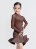 Palco desgaste meninas latina dança competição vestido marrom manga longa chacha roupas rumba dança traje bodysuit saia vdb7385