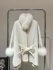 Women Fur Faux luksus kaszmirowy Poncho Blend Kobiety jesienne zima długa płaszcz wstążki prawdziwe rękawy batwing wełniany płaszcz 230928