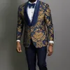 Goud Jacquard Mannen Pakken Sjaal Revers Slim Fit Bruidegom Smoking Mannelijke Mode Prom Kostuum Blazer Vest Met Broek Mannen blazers237A