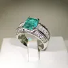 Anneaux de mariage Mode Emerald Princess Paraiba Couples Bague pour femmes Double Full Diamond Crystal Engagement Anniversaire Cadeau Bijoux 231005