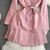 Klänningar modedesigner dubbelbröst blazer klänning kvinnor notched långärmad chic smal rosa mini kort casual vestidos kläder 2024
