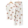 Pijamas femininos japonês kawaii cartoon urso completo impresso conjuntos de pijama o-pescoço manga curta calças homewearsuit solto simples verão