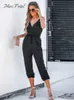 Combinaisons pour femmes Barboteuses noir Drstring Jogger combinaison pour femmes décontracté col en v sans manches Cami bretelles combishort 2023 été salopette Romper JumpsuitL231005