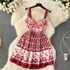 Basic Casual Dresses Summer Holiday Red Blue And White Porcelain Print Short Dress Women V-Neck Spaghetti Strap Cup Padded Zipper Back Mini Vestidos 2024