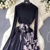 Basic Casual Dresses Autumn Winter Elegant Pullover Knitted Patchwork Pleated Dress Women O-Neck Long Sleeve Sashes Office Lady Sw203b