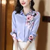 Retro Floral Elegant Blue Shirt Luxury Silk Satin Women Designer Long Sleeve Blouses 2023 Autumn Winter Chic Lapel Classic Button Up Shirts Office Ladies Runway Tops