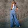 Kobiety Jumpsuits Rompers Summer kombinezon dla kobiet Blue Denim Jednoboczny kombinezon luźne szerokie nogawki z kieszenią JumpSluitsl231005